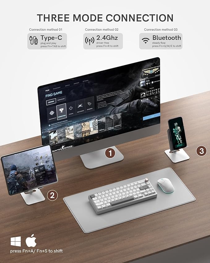 Womier SK65 Wireless Mechanical Gaming Keyboard with Knob, 60 Percent Aluminium Keyboard for PC, Bluetooth 5.0/2.4GHz/USB-C Wired, Hot Swappable Custom Lineaner Switch, RGB Backlit (Silver V2)