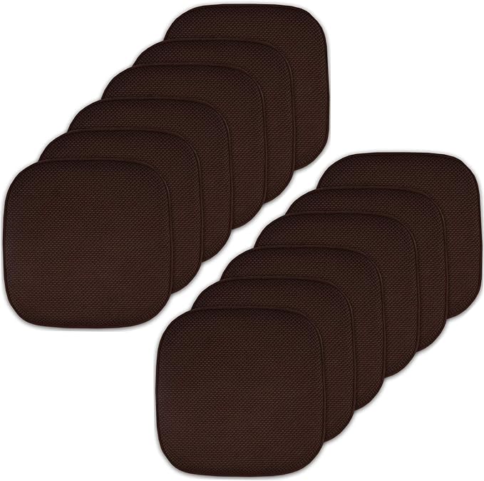Sweet Home Collection Memory Foam Chair Cushion Honeycomb Pattern Solid Color Slip Non Skid Rubber Back Ultimate Comfort and Softness Rounded Square 16" x 16" Seat Cover, 12 Pack, Brown