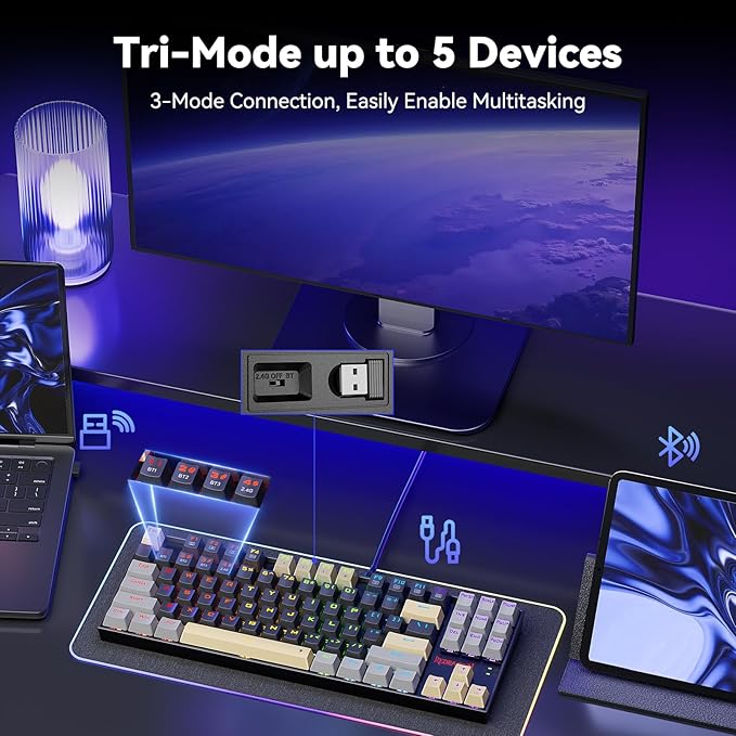 Redragon Wireless Gaming Keyboard, BT/2.4Ghz Tri-Mode Mechanical Keyboard with Aluminum Pannel, Hot-Swap Red Switch, Programmable 87 Keys TKL, LED Rainbow Backlit - K552LGY-KRS (Eclipse Gilded)