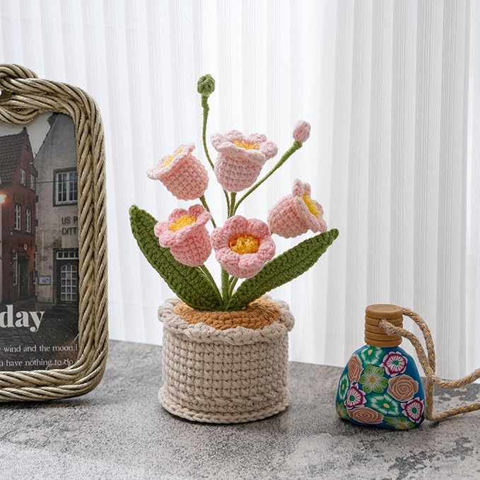 Handmade Crochet Flowers, 6 Inch Small Potted Canterbury Bells, Knitted Desk Decorations for Home Office Decor(5 Heads)