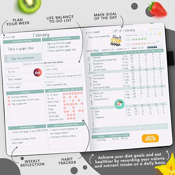 Clever Fox Wellness Planner - Weekly & Daily Health and Wellness Log, Food Journal & Meal Planner Diary for Calorie Counting, Notebook for Medical Condition Tracking, A5-Sized - Black