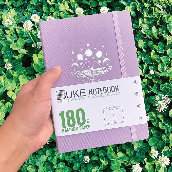 Dot Grid Notebook Dotted Journal,180Gsm Bamboo White Paper, 5 * 5MM Dots 160 Pages, Lay Flat Binding,Colored Silver Edges, Bookmarks and Expandable Back Pocket