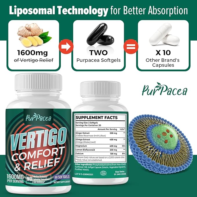 Liposomal Vertigo Supplement, High Absorption Formula with Ginkgo Biloba, Ginger Extract & Magnesium, Natural Wellness Supplement, Relaxation and Calm, 60 Softgels