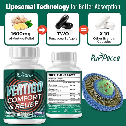 Liposomal Vertigo Supplement, High Absorption Formula with Ginkgo Biloba, Ginger Extract & Magnesium, Natural Wellness Supplement, Relaxation and Calm, 120 Softgels