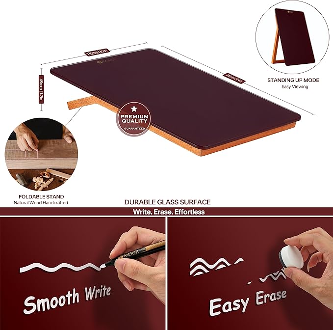 YEOUX Glass Small Whiteboard with Reversible Wood Stand for Desk, Burgundy Red, Mini Dry Erase Board, Desktop Small White Board 9.5"x6.7" for Office, Home, Kitchen, Marker & Eraser Included