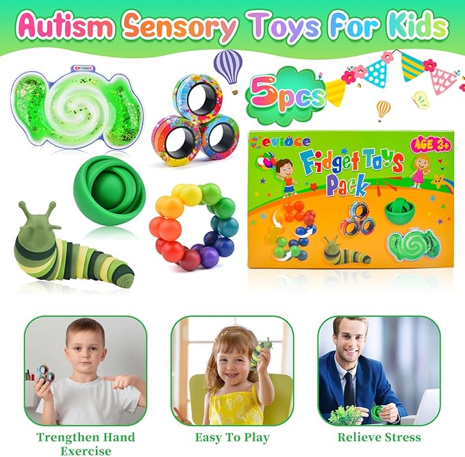 Cevioce 5Pcs Fidget Toys Adults Pack,Easter Basket Stuffers for Teens Boys,Autism Sensory Toys with Fidget Spinner Slug Magnetic Rings,Squishy Fidget Toys ADHD Stress Relief,Party Favor for Kid-G