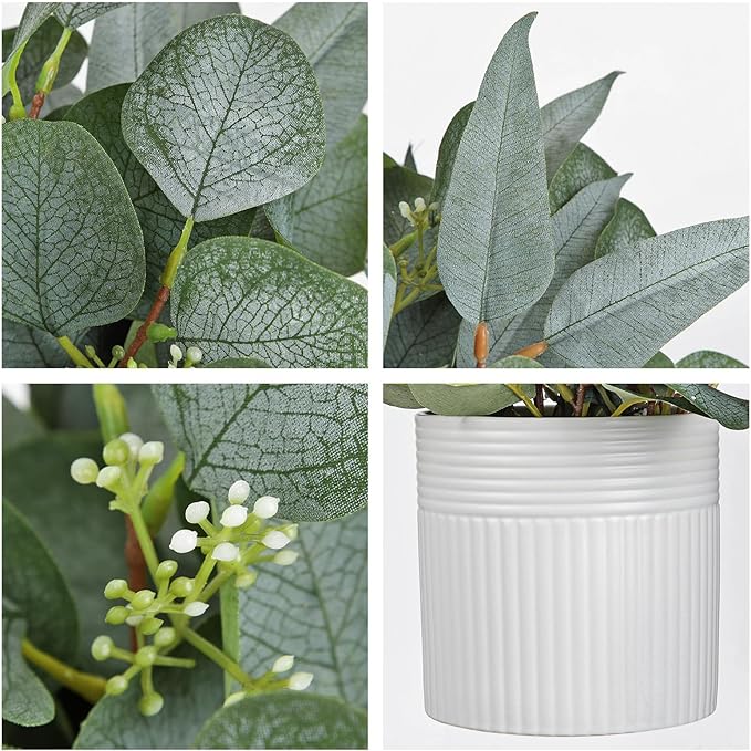 Artificial Plants Indoor with Pot, 11.8" Faux Eucalyptus Stems in Ceramic Vase for Table, Desk, Shelf, Small Fake Potted Plants Eucalyptus Leaves for Centerpieces, Living Room, Bathroom, Bedroom