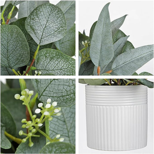 Artificial Plants Indoor with Pot, 11.8" Faux Eucalyptus Stems in Ceramic Vase for Table, Desk, Shelf, Small Fake Potted Plants Eucalyptus Leaves for Centerpieces, Living Room, Bathroom, Bedroom