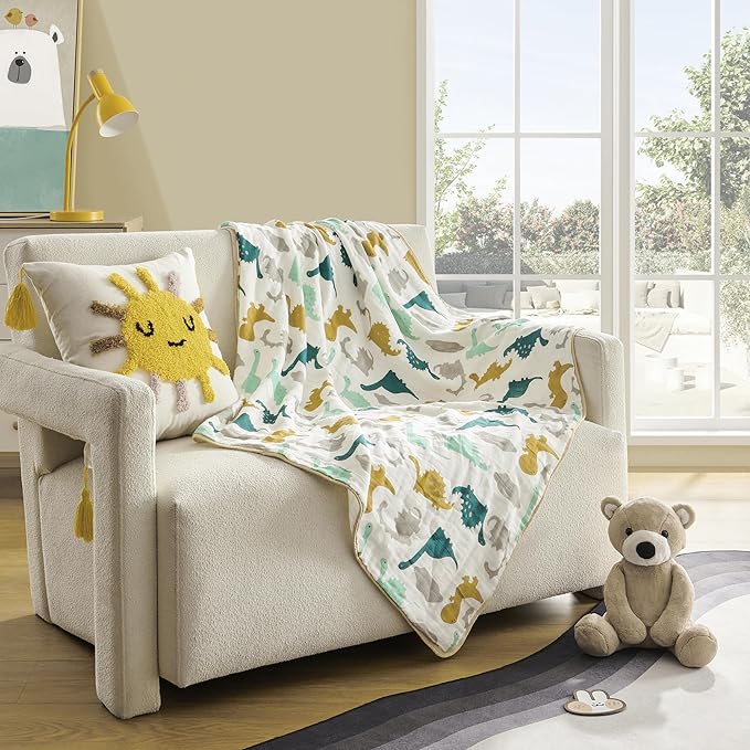ZPECC Muslin Baby Blanket Thicker, 30x40 Organic Cotton Newborn Receiving Quilt Hypoallergenic for Baby Essentials Swaddle Crib Stroller, Dinosaur