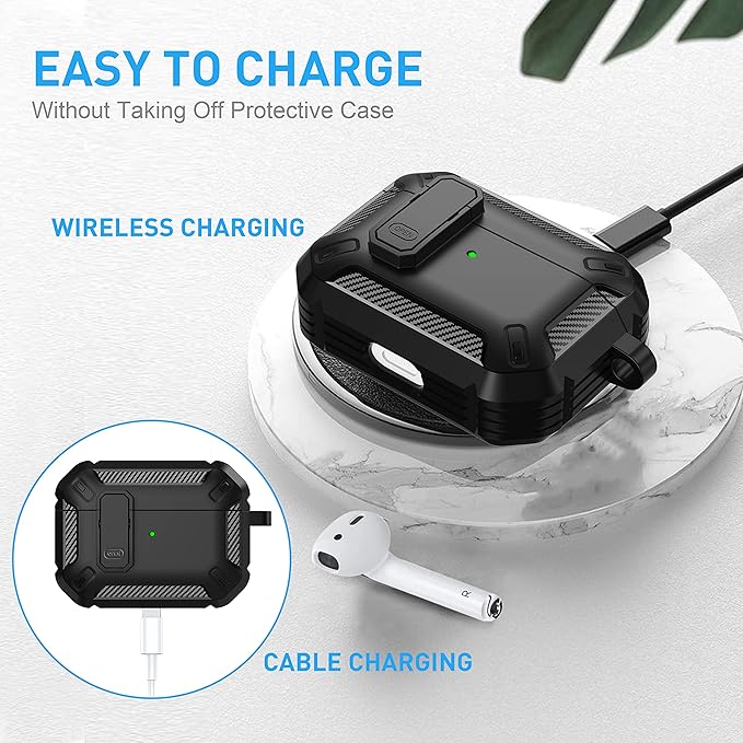 Maxjoy for AirPods Pro Case Cover with Lock, AirPods Pro 1st Generation Case for Men Military Rugged Protective Cover with Keychain Compatible with Apple AirPod Pros 2019 Front LED Visible, Black