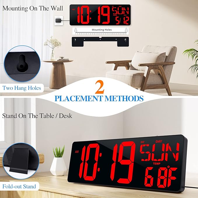 Large Digital Wall Clock with Remote Control 17.2" LED Large Display Timer with Temperature Date Week Auto DST Adjustable Brightness, Big Wall Alarm Clock for Living Room Office Garage Gym Seniors