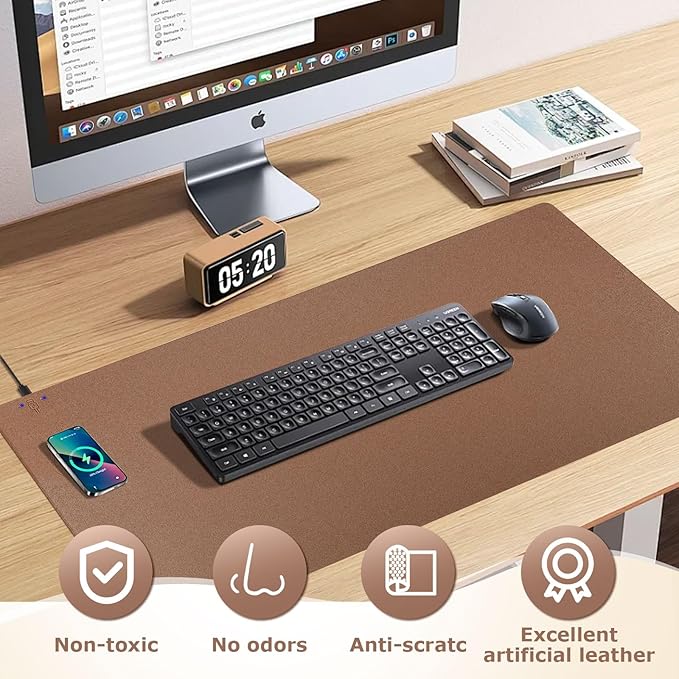 Wireless Charging Mouse Pad Firelison 2 in 1 Leather Multifunctional Office Desk Pad with Non-Slip Rubber Base, Waterproof Desk pad for Computers/Office/Work/Home/Decor（ 36" x 17"Buff - L）