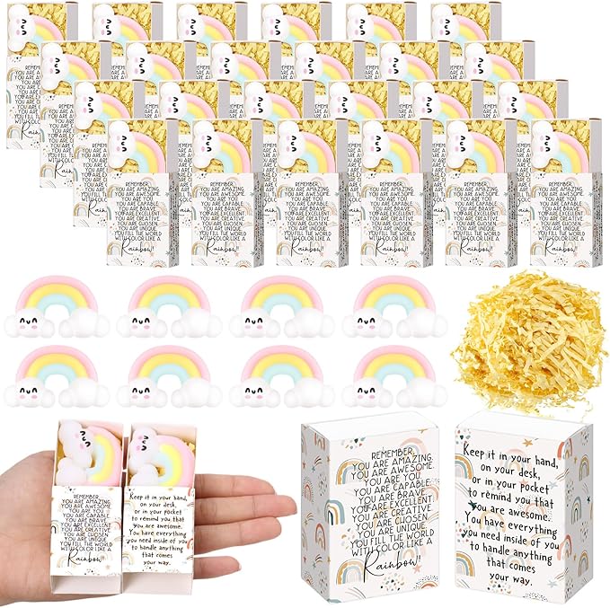 Wettarn 24 Sets Appreciation Rainbow Gifts Cute Stress Balls with Support Gift Boxes Inspirational Party Favors for Employee Coworker Friends Office Positive Relief Toys