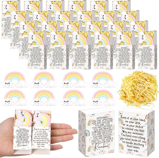 Wettarn 24 Sets Appreciation Rainbow Gifts Cute Stress Balls with Support Gift Boxes Inspirational Party Favors for Employee Coworker Friends Office Positive Relief Toys