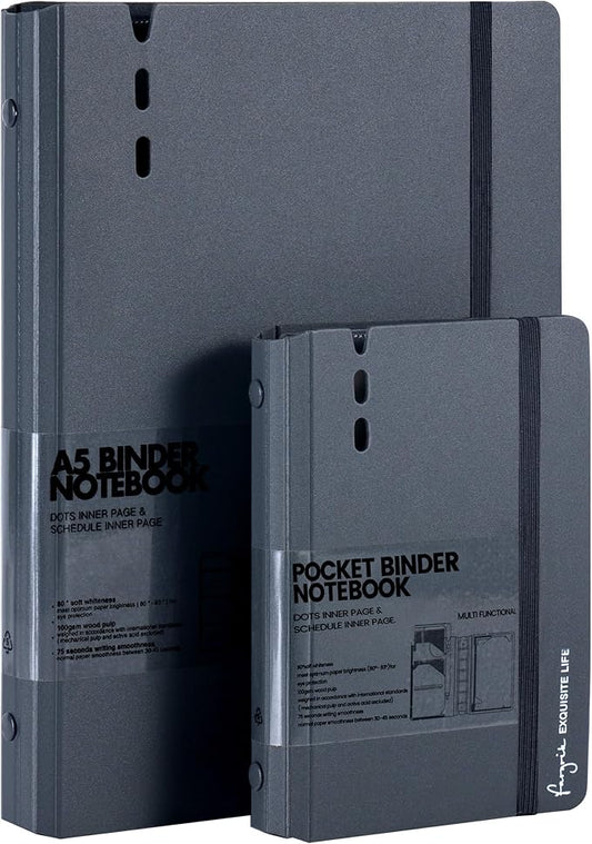 CAGIE A5 Binder 6 Ring Notebook with Dividers Refillable Planner Binder with Pockets, Refill Paper Include Planning Square Ruled and Dotted Pages, 7 x 9.25 in, (Grey and Grey, A7 & A5 Dot Page)