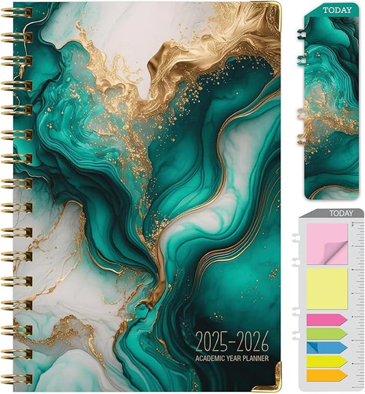 HARDCOVER Academic Year 2025-2026 Planner: (June 2025 Through July 2026) 5.5"x8" Daily Weekly Monthly Planner Yearly Agenda. Bookmark, Pocket Folder and Sticky Note Set (Teal Gold Marble)