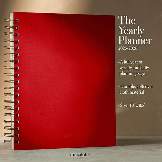 Anecdote 2026 Planner (8.5" x 10") Daily Planner Weekly Monthly Planner - 52 Weeks w/Library Buckram Cover, Brass Spiral - A4 Size Bleed-Resistant Paper – Red