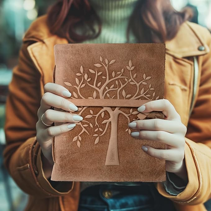 LEATHER VILLAGE Tree of Life Journal - 10 X 7 inches - Brown - 200 Antique Deckle Edge Handmade Paper – Book of Shadows - Vintage Leather Bound Journal for Women & Men