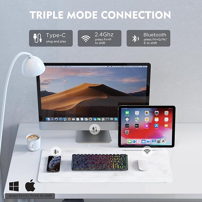 HITIME 60% Percent Keyboard, Topographic Theme Keyboard, XVX M61 Pro Bluetooth/2.4GHz/USB-C Wireless Mechanical Gaming Key Board, Hot Swappable Creamy Pre-lubed Switch, RGB