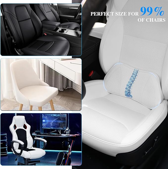 Lumbar Support Pillow for Car, Premium Leather Memory Foam Lumbar Cushion for Lower Back Pain Relief, Universal Back Support for Driving, Home & Office Chairs, White, 1 Pack