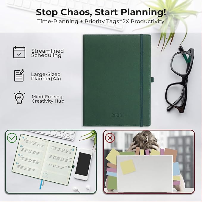 IN-LUXPRO Weekly Monthly 2026 Planner (Jan.26-Dec.26),11.5"x8.5",12 Months Agenda Plan with Month Tabs & Pocket,Expenses/Note Pages, Appointment Book Calendar with Hardcover Vegan Leather Cover,Green