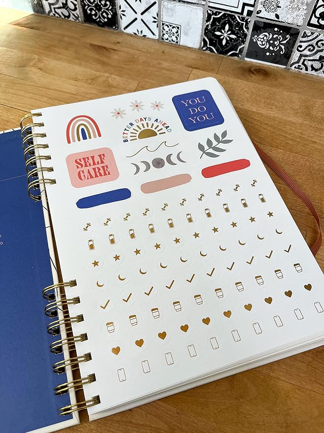 DesignWorks Ink Mind Body Spirit Spiral Mindfulness Notebook Guided Gratitude and Wellness Journal Undated Daily Planner With Self Care and Activity Prompts and Stickers, 7.5" x 10.25