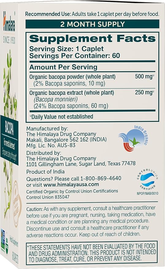 Himalaya Bacopa Monnieri Nootropic Herbal Supplement, Mental Alertness, Supports Calm, Memory, Cognition, USDA Organic, Non-GMO, 750 mg, 60 Plant-Based Caplets, 2 Pack, 120 Day Supply