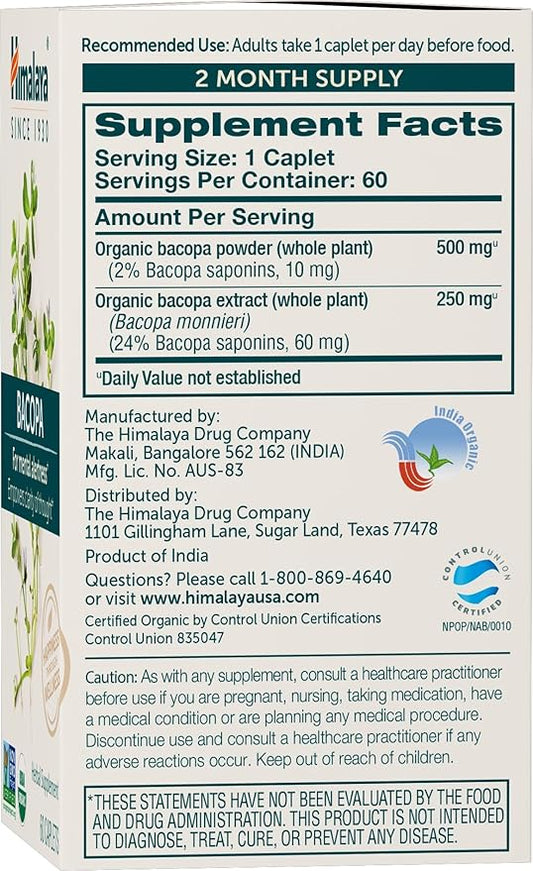 Himalaya Bacopa Monnieri Nootropic Herbal Supplement, Mental Alertness, Supports Calm, Memory, Cognition, USDA Organic, Non-GMO, 750 mg, 60 Plant-Based Caplets, 2 Pack, 120 Day Supply