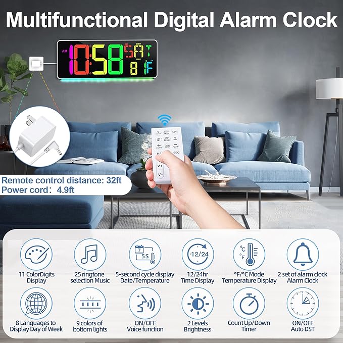 CYMHCHL Large Digital Wall Clock Large Display 11 Colors Available with Colorful Night Light Temperature Date Week DST Auto-Dimming Big LED Clock Count Up & Down Timer for Home Gym Office School