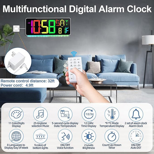 CYMHCHL Large Digital Wall Clock Large Display 11 Colors Available with Colorful Night Light Temperature Date Week DST Auto-Dimming Big LED Clock Count Up & Down Timer for Home Gym Office School