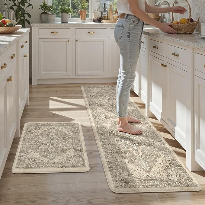 KIMODE Anti Fatigue Kitchen Mats 20"x71"+20"x32", Boho Distressed Kitchen Rugs Sets of 2, Non Slip Waterproof Kitchen Floor Mats, Memory Foam Kitchen Mat for Sink Laundry Desk Bedroom Khaki