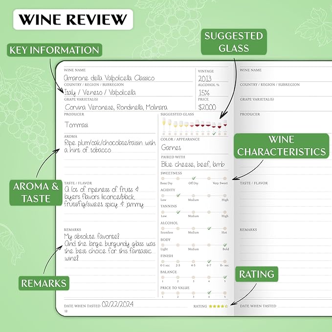 Legend Wine Tasting Journal – Wine Guide & Diary – Unique Accessories & Gifts for Wine Lovers, Women & Men, Eco Leather Notebook (Forest Green)