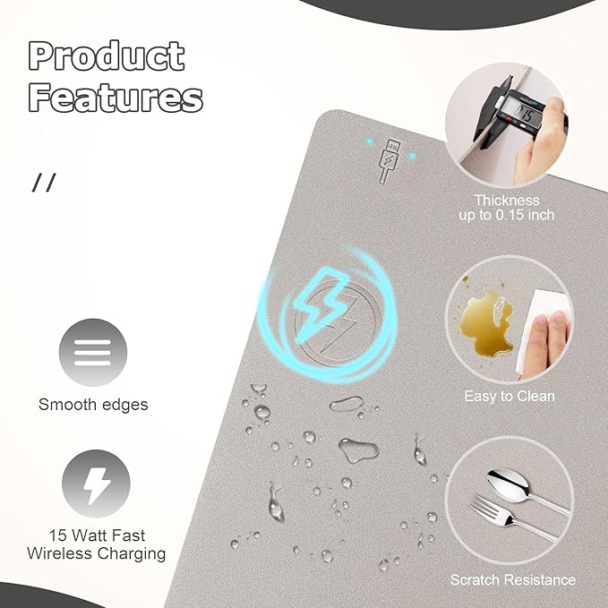 Wireless Charging Mouse Pad Firelison 2 in 1 Leather Multifunctional Office Desk Pad with Non-Slip Rubber Base, Waterproof Desk pad for Computers/Office/Work/Home/Decor（ 36" x 17"Grey - L）