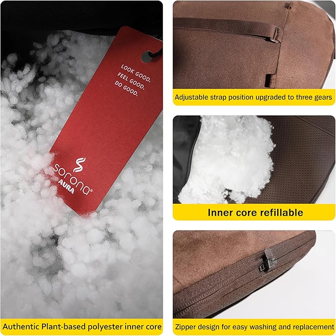 Genuine Cowhide Leather Headrest car Neck Pillow,Head Support Rest Driver,11.8x7.5”Real Cow Leather,Suede,Plant-Based Polyester,refillable&Adjustable Travel Vehicle Cushion(Grey,1p)