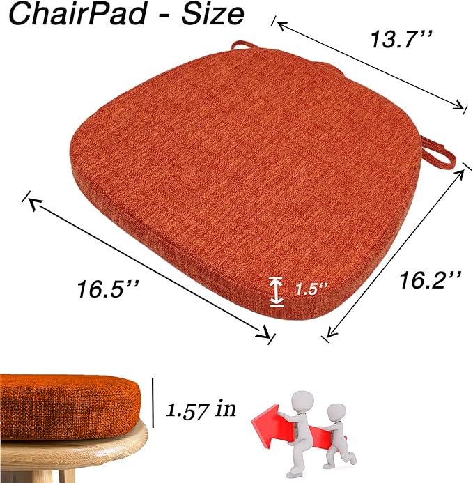 Seat Cushion with Ties for Kitchen Chairs - Memory Foam Non Slip Dining Room Chair Pad with Machine Washable Cover [16.5 x 16.2 Inches] - Orange