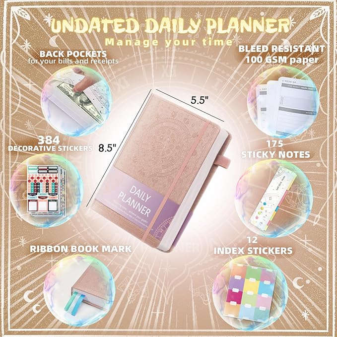 2025 Undated Academic Planner Hardcover (5.5x8.5") - Flexible Weekly & Monthly Organizer with Stickers, Productivity Journal for Students & Professionals(Rose Gold)