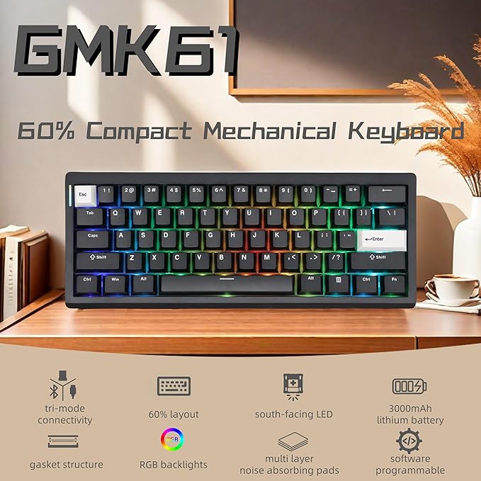 GMK61 60% Mechanical Keyboard,Tri-Mode PBT Keycaps Linear Switches 61 Keys,South-Facing RGB Gasket Mounted Plate Gaming Keyboard for Win/MAC (Black, Brown Switch)