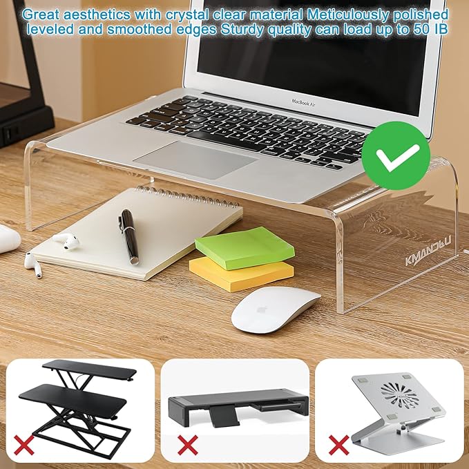 Premium Acrylic Monitor Stand | Clear Laptop Riser for Desk, Office and Home | Computer Stand for TV, Printer, and More | 16" L x 8" W x 4" H with Bonus Phone Stand