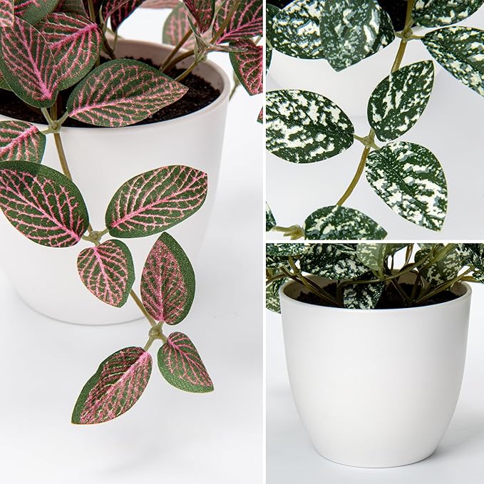 Hollyone Fake Plants 2 Packs Artificial Plants Indoor Faux Plants with White Plastic Pot Small Fake Potted Plant for Home Aesthetic Living Room Bathroom Desk Shelf Office Decor
