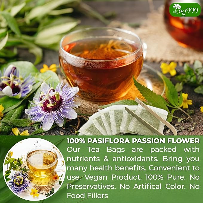 TOG999 120 Pasiflora Pasion Flower Tea Bags, 100 Percent Natural, Organic & Non-GMO, Pure Passion Flower. Herbal Tea. No Sugar, Caffeine, Gluten, Vegan.