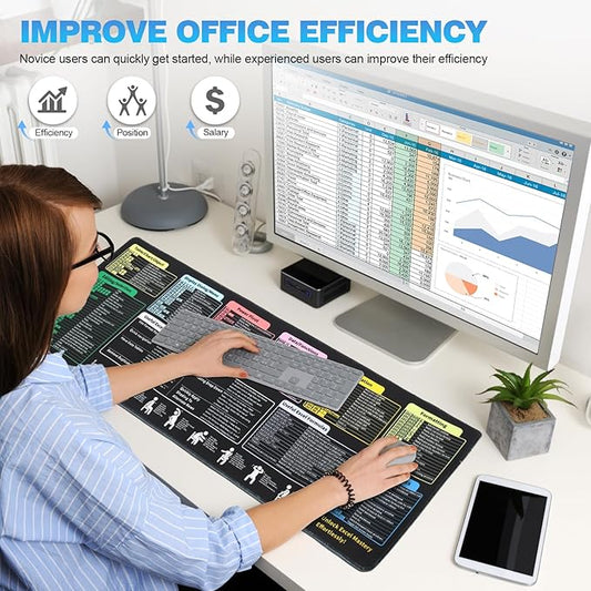 Excel Cheat Sheet Mouse Pad - 9 Major Excel Modules & 200+ Shortcuts (Excel/Word/PPT/Windows), 31.5"×11.8" XL, HD Print, Waterproof Anti - Slip Stitched Edge, 8 Office Exercises