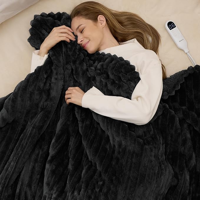 Bedsure Heated Blanket Electric Throw - Thick Striped Flannel Electric Blanket, Heating with 4 Time Settings, 6 Heat Settings, and 3-Hour Timer Auto Shut Off, Gift for Grandma (50x60 inches, Black)