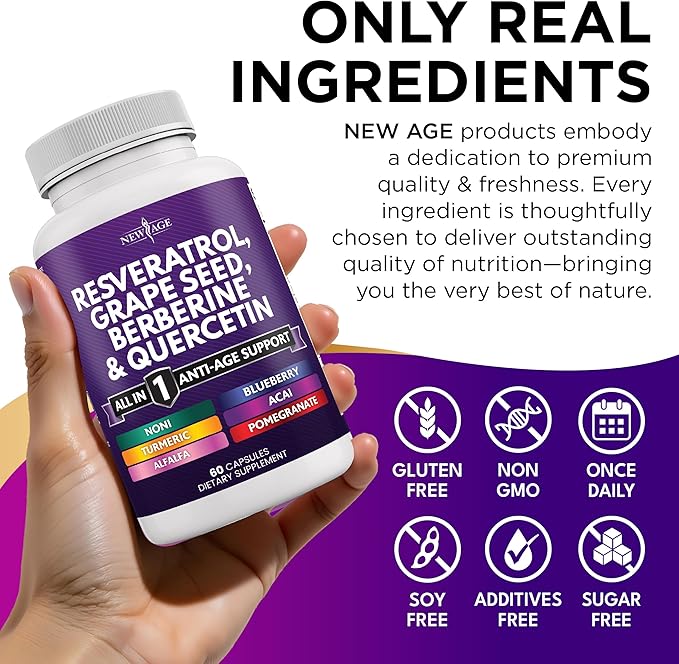 NEW AGE Resveratrol, Berberine, Grape Seed Extract, Quercetin - Polyphenol Supplement for Women and Men with Noni Extract, N-Acetyl Cysteine, Acai Extract - 60 Capsules