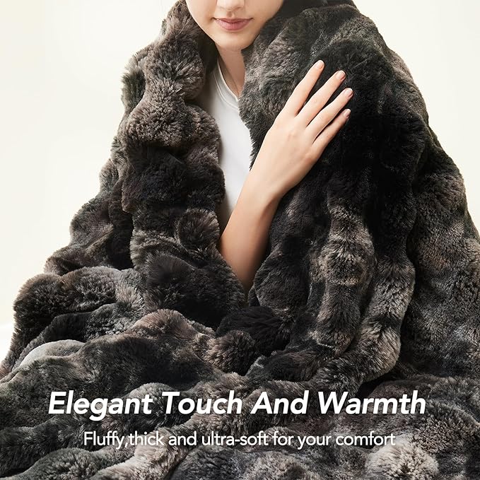 L'AGRATY Faux Fur Throw Blanket: 60" x 80" Luxury Soft Fluffy Thick Rabbit Fur Blankets for Twin Bed Couch - Cozy Plush Bubble Blankets for Home Decor: Warm Flannel Fleece Decorative Blanket