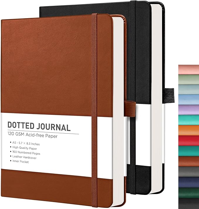RETTACY Bullet Dotted Journal Notebook, 2-Pack, 160 Numbered Pages per Pack, A5 Medium Size (5.7'' x 8.3''), 120 GSM Thick Paper, Leather Hardcover, for Bullet Journaling (Black & Brown)