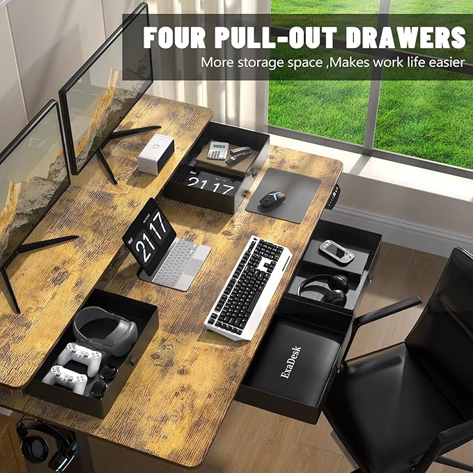 55 * 30 Inches Electric Standing Widened Desk Adjustable Height with 4 Drawers, Double Storage Shelves Stand Up Desk, Home Office Workstation Sit Stand up Desk (Rustic Brown)