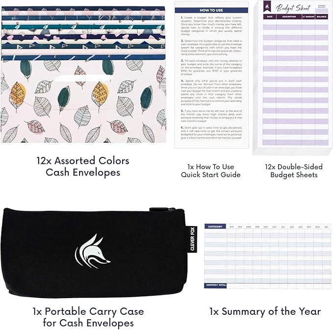 Clever Fox Cash Envelopes for Budgeting System – Budget Envelopes for Cash Budgeting and Saving, Tear and Water Resistant, Includes Carry Pouch & 12 Expense Tracking Budget Sheets, 12 Pack - Chic
