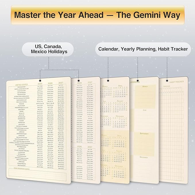 Gemini Zodiac Astrology Undated Monthly Weekly Daily Planner Journal A5 5.8" x 8.3" 160 Pages 100GSM Paper 2025 2026 2027 Holidays Calendar