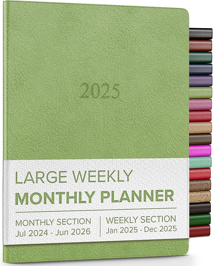 Gallery Leather Large Weekly Monthly Planner 2025, Elegantly Bound Calendar Planner and Notebook with Stylish Gold-Gilded Page Edges, 12 Months - Camden Kiwi - 9.75 x 7.5 "