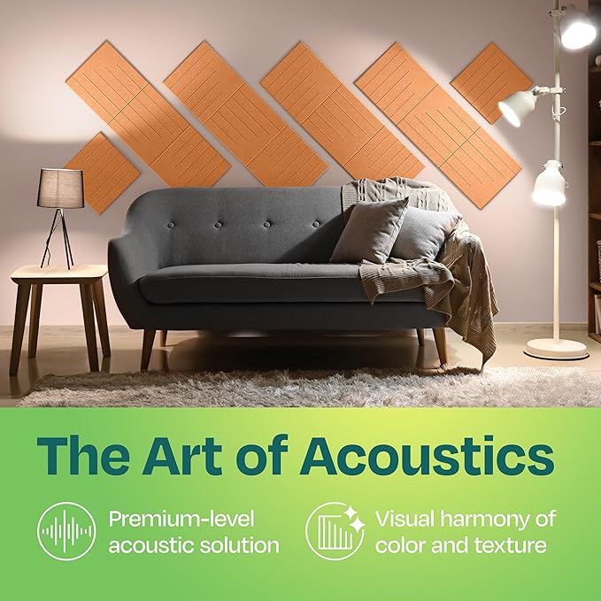 Acoustic Panels 12-Pack Soundproof Wall Panels 12"x12"x0.4" Decorative Sound Dampening for your Home, Office, Studio, Bedroom & More with Unique LineWave Carving [70'S Orange]